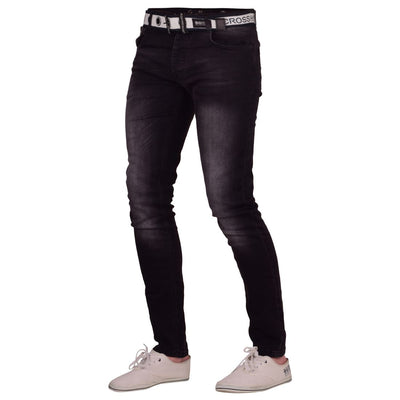 Crosshatch Mens Slim Fit Jeans Free Belt Button Fly Straight Leg Designer Denim
