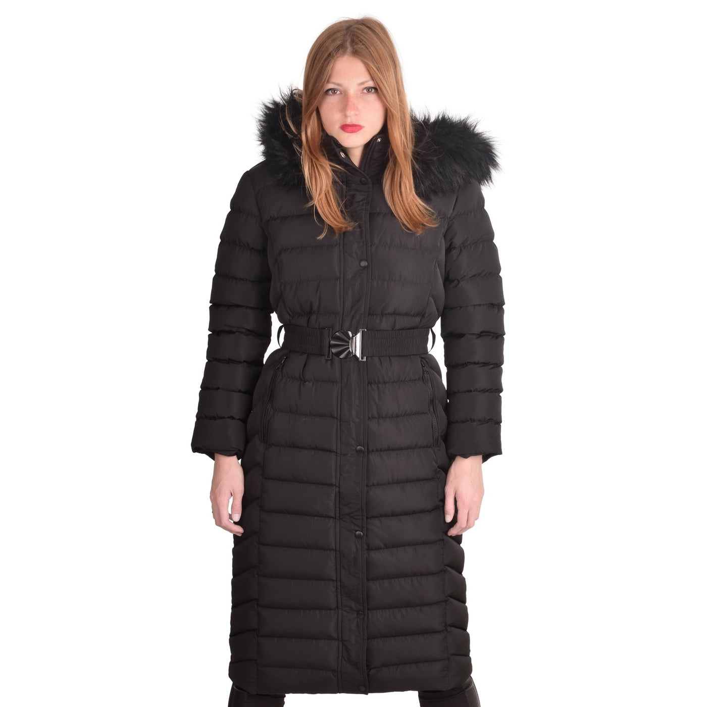 Spindle Womens Maxi Long Hooded Fur Puffer Quilted Parka Coat Extra Long | Ladies Full Length Winter Jacket with Hood and Belt