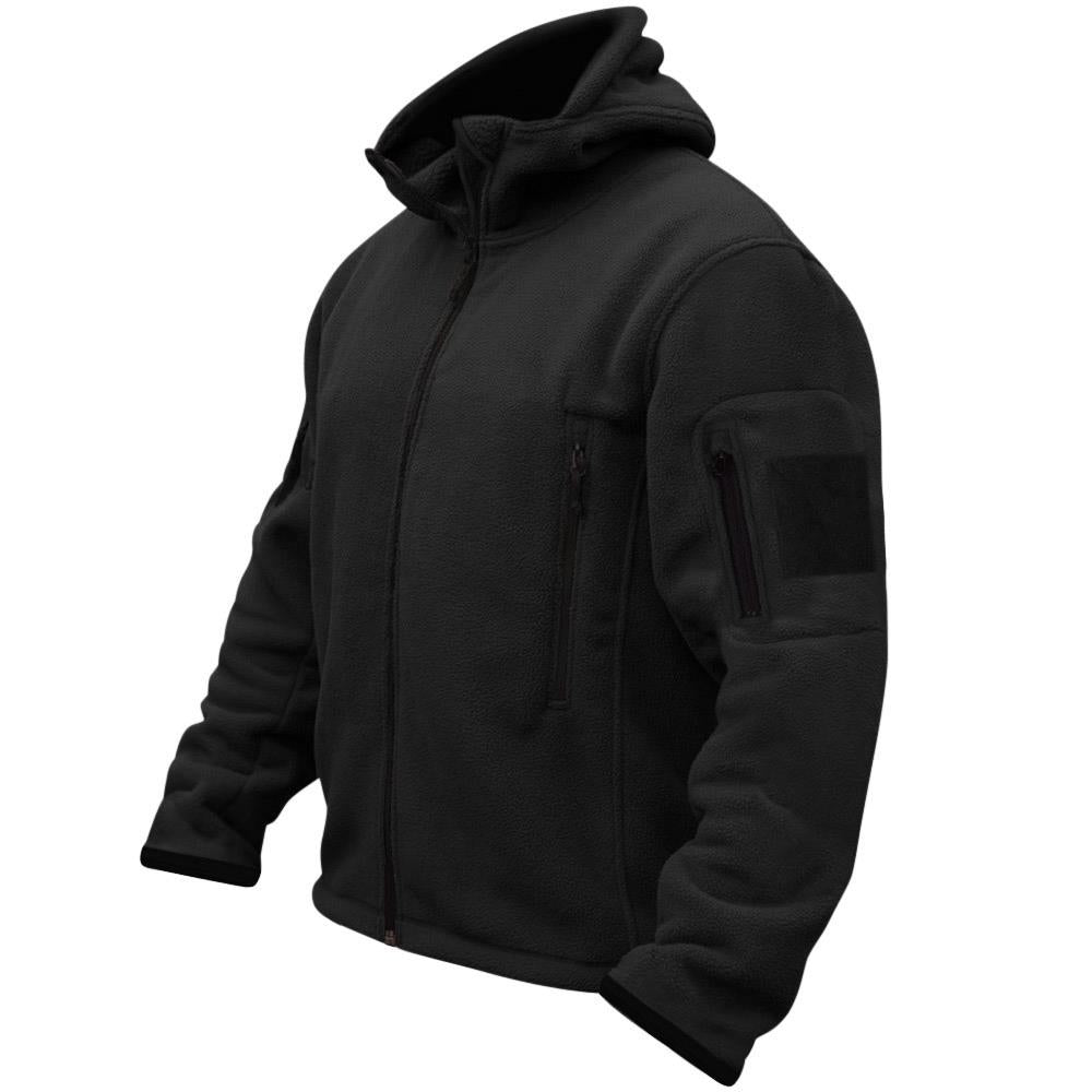 Mens Hooded Tactical Fleece Jacket Military Combat Security Full Zip Windproof Jacket Thick Fleece with 3 Zip Pockets and Velcro Patch to Arm. Guaranteed Warmth