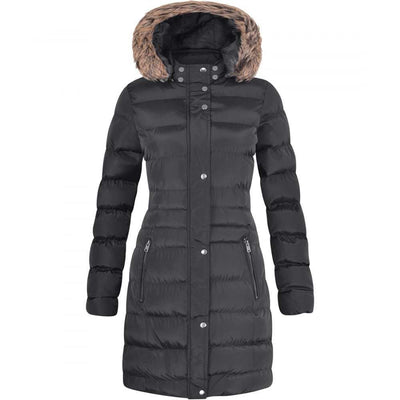 Womens Long Fur Trimmed Hooded Padded Puffer Parka Ladies Winter Jacket Coat Black