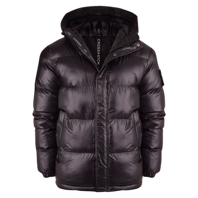 Mens Crosshach Hooded Quilted Shiny Black Jacket Zip Pockets High Shine Coat