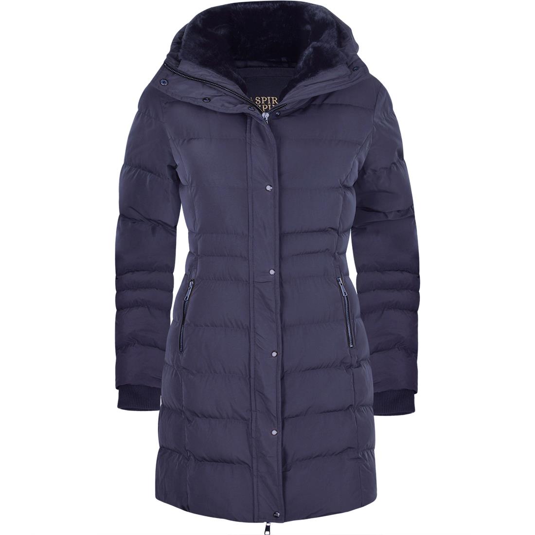 Spindle Women’s Designer Winter Lined Parka Quilted Coat Fur Collar Hooded Long Ladies Womens Jacket Navy