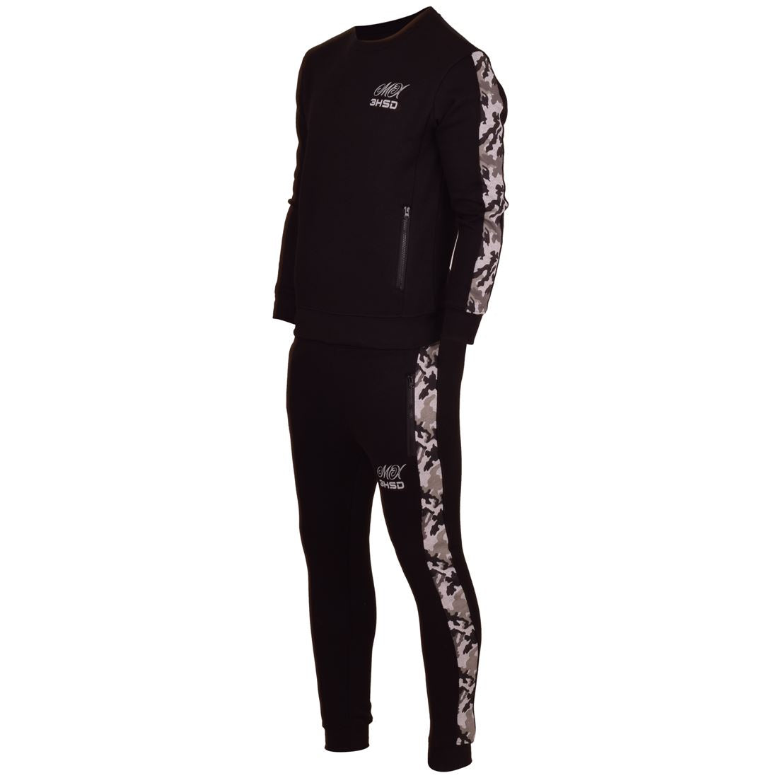 Mens MX360 Full Tracksuit Set Top + Bottoms, Camo Round Neck Top, Jogging Bottom- Top and Bottoms both have 2 Zip pockets