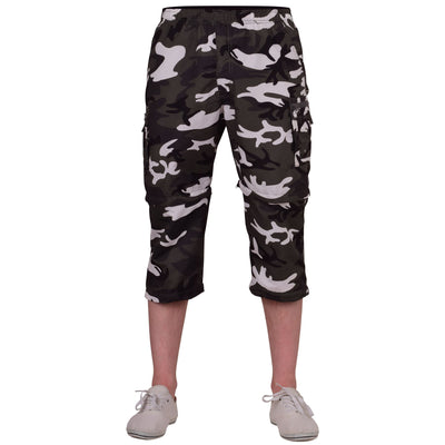 52_DNM Mens Combat Camouflage Cargo Loose Fitting Elastic Waist 3/4 Pants | Military Tactical Trousers Zip Off Shorts Zip-Off 3/4's with Zipped Pockets and Adjustable Hem