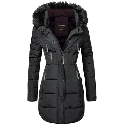Womens Designer Spindle Long Fur Parka Hooded Jacket Quilted Winter Padded Coat Zip Pockets Mariclare Black Long Parka