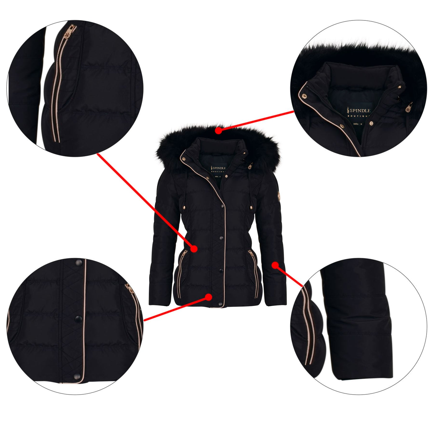 Spindle Womens Ladies Premium Quality Hooded Short Fur Parka Quilted Padded Puffer Coat | Zip Side Pockets | Luxurious Detachable Faux Fur on Hood | Zipped Inner Pocket Black