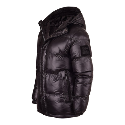 Mens Crosshach Hooded Quilted Shiny Black Jacket Zip Pockets High Shine Coat
